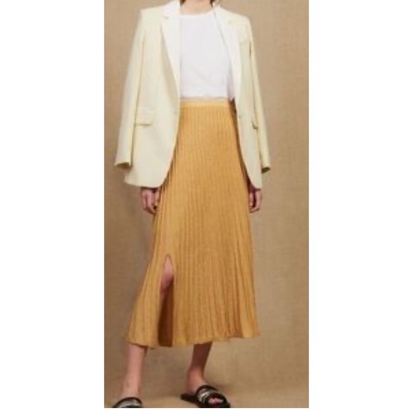 Sandro Dresses & Skirts - Sandro Paris Gold Metallic Pleated Midi Skirt Side Slit Knit Size 2